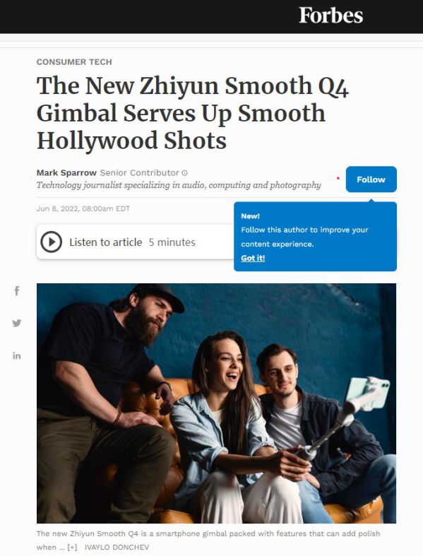 福布斯：智云SMOOTH-Q4云臺，手機攝影輕松達到好萊塢級 圖1